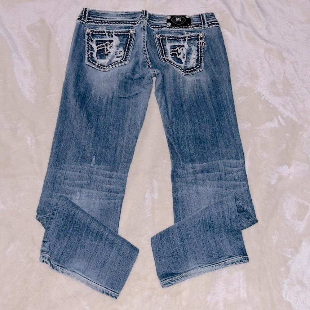 MISS ME 👖 DISTRESSED DESTROYED RIPPED THICK STITCH BOOTCUT JEANS Women 36/18 L33 - Picture 2 of 14